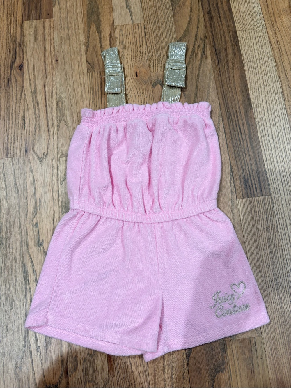 Juicy toddler girl terry romper with gold bow straps